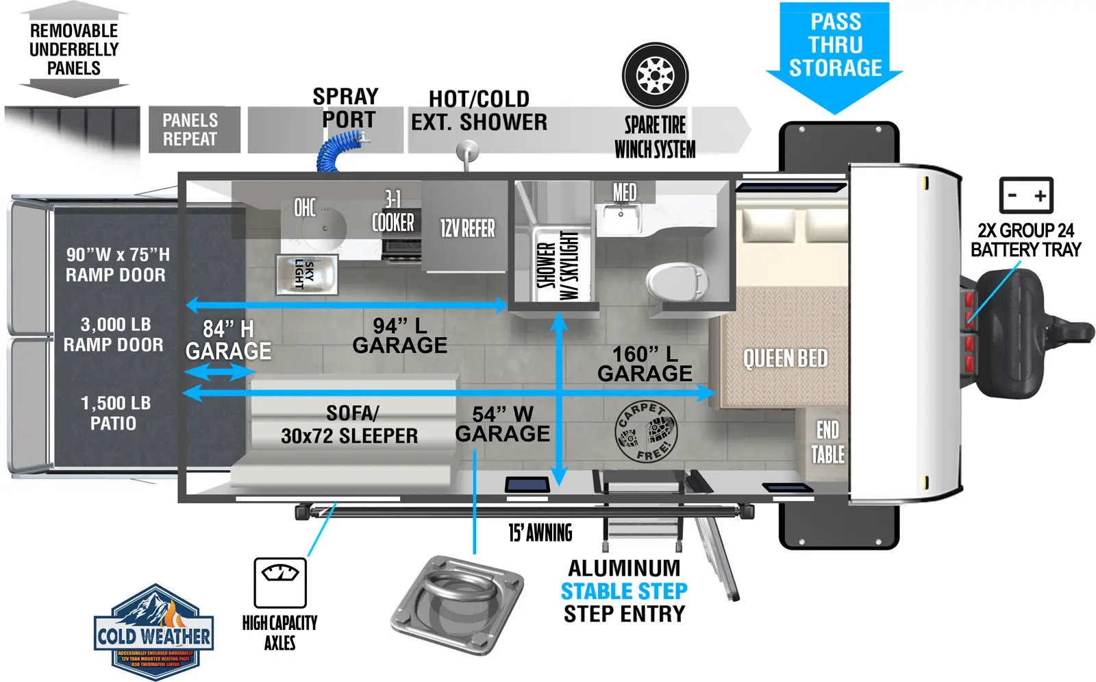 The Wildwood FSX 175RTK floorplan is a toy hauler that has one entry and zero slide outs. Exterior features include: metal exterior and 15' awning. Interiors features include: front bedroom.